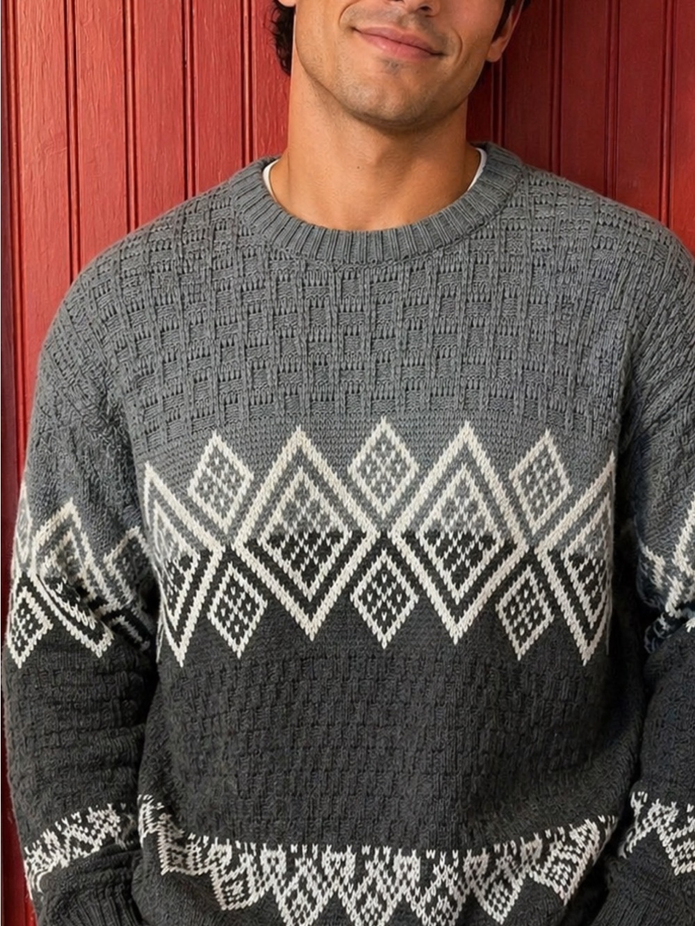 Vintage Brittany Bay Men's Gray Diamond Pattern Crewneck Sweater L